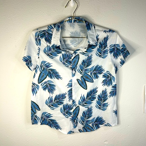 Boys 11/12 SHEIN Tropical Hawaiian Leaf Shirt Blue Green Short Sleeve Button Up - Picture 2 of 6